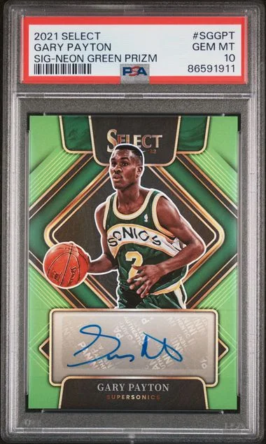 2021-22 Panini Select Gary Payton Signatures Neon Green Prizm #SG-GPT card image