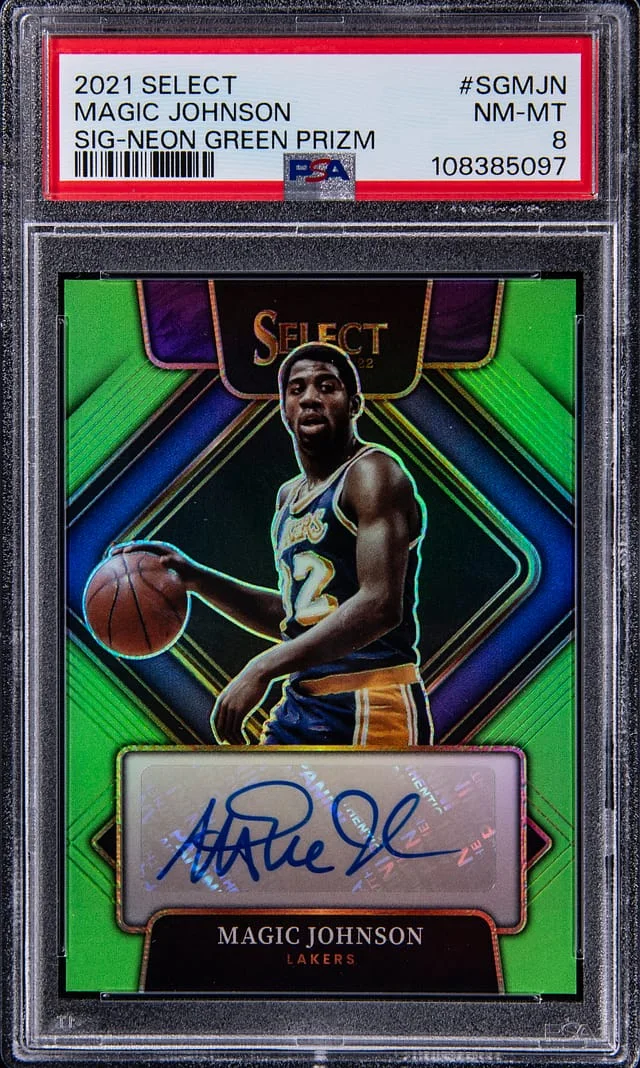 2021-22 Panini Select Magic Johnson Signatures Neon Green Prizm #SG-MJN card image