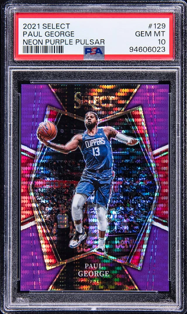 2021-22 Panini Select Paul George Neon Purple Pulsar #129 card image