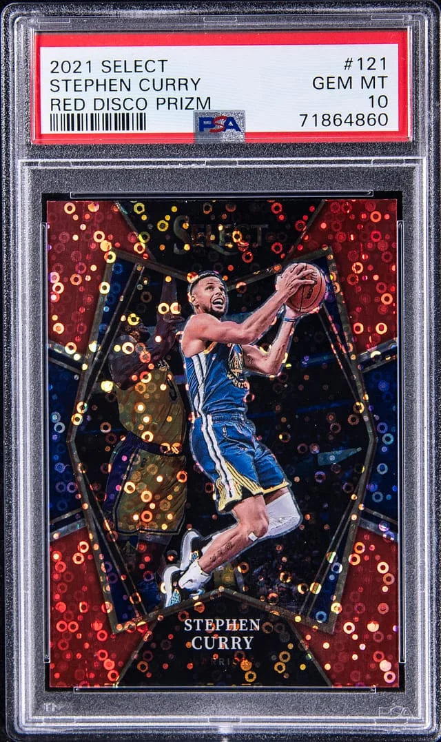 2021-22 Panini Select Stephen Curry Red Disco Prizm #121 card image