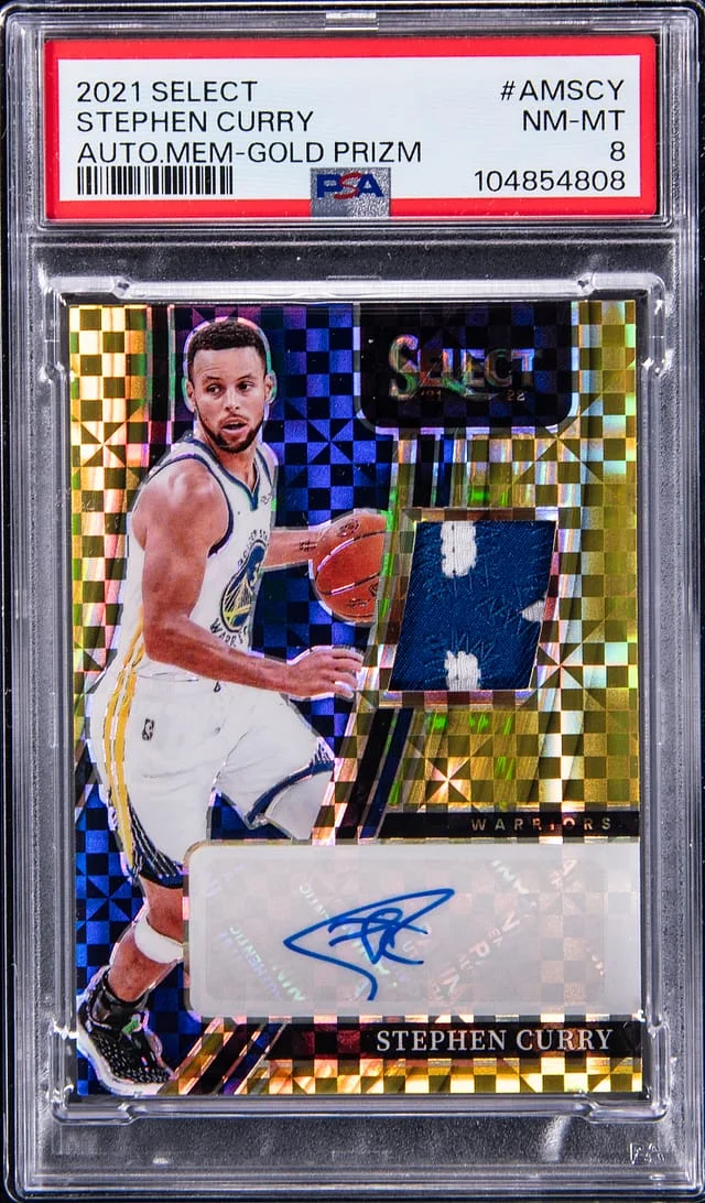 2021-22 Panini Select Stephen Curry Autograph Memorabilia Gold Prizm #AM-SCY card image