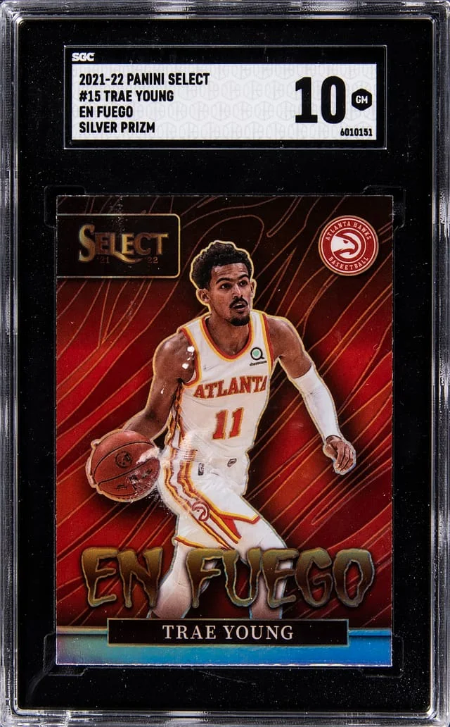 2021-22 Panini Select Trae Young En Fuego Silver Prizm #15 card image