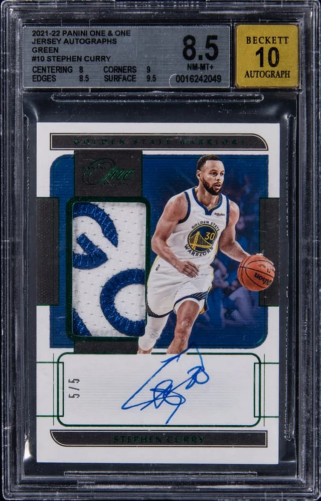 2021-22 Panini Stephen Curry One & One Jersey Autographs Green #JA-SCY card image