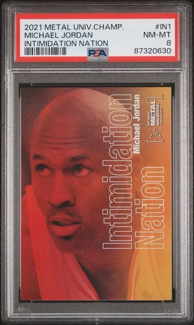 2021-22 SkyBox Metal Universe Champions Michael Jordan Intimidation Nation #IN1 card image