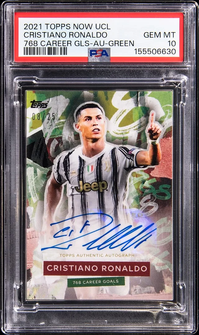 2021-22 Topps Career Goals Autographs Green Cristiano Ronaldo Nowl UCL #768 card image