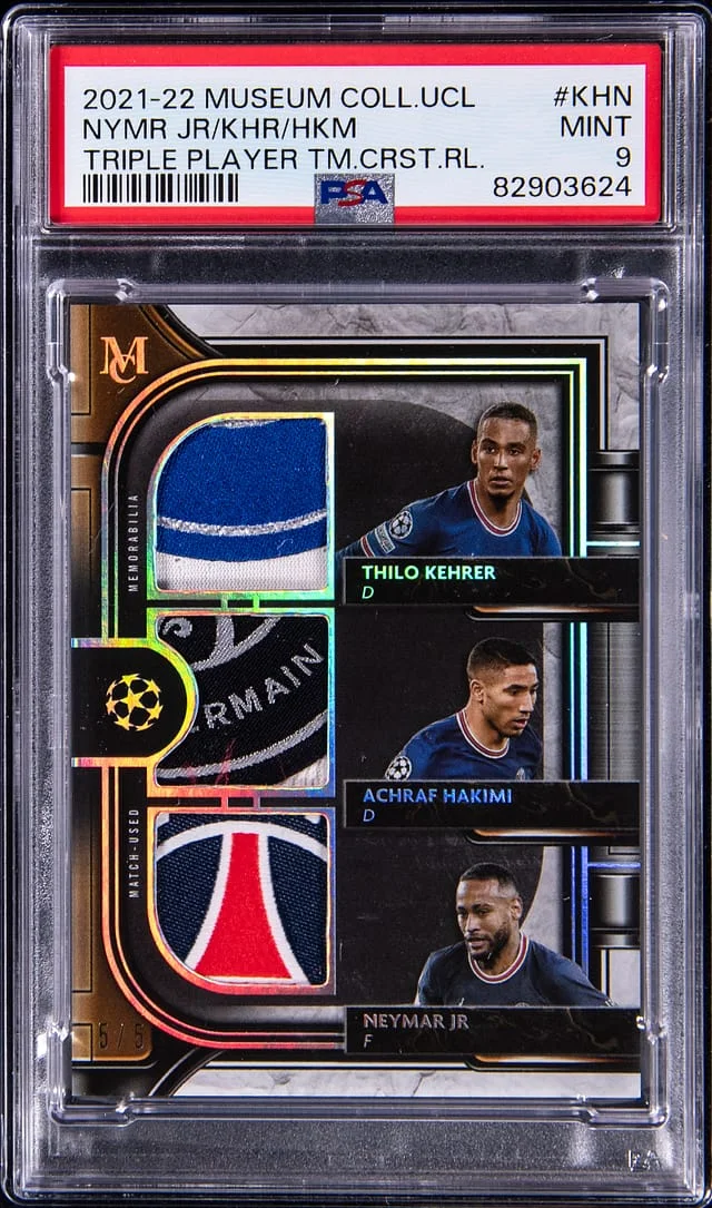 2021-22 Topps Museum Collection Neymar Jr./Kehrer/Hakimi UCL Triple Player Triple Crest Relics #KHM card image