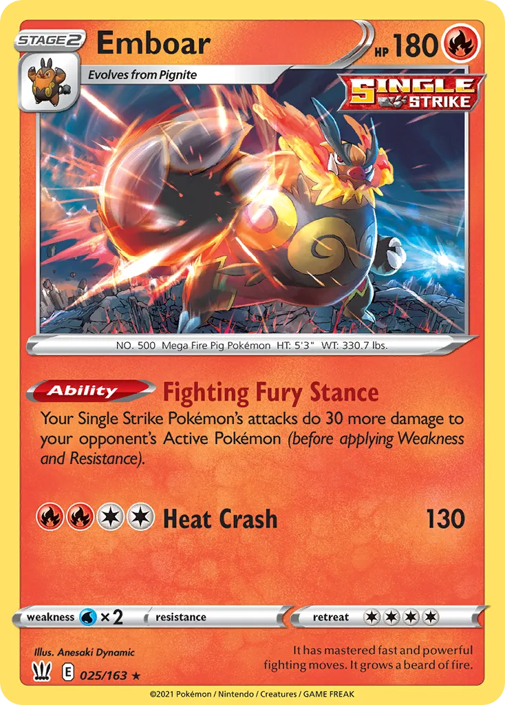 2021 Battle Styles Emboar Rare Holo #025/163 Rare Holo card image