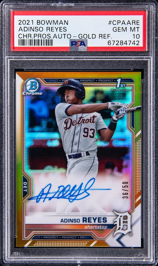 2021 Bowman Chrome Adinso Reyes Prospect Autograph Gold Refractor #CPA-ARE card image
