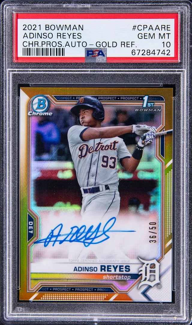 2021 Bowman Chrome Adinso Reyes Prospect Autograph Gold Refractor #CPAARE card image