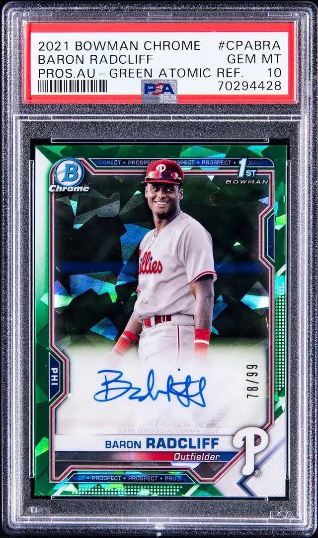 2021 Bowman Chrome Baron Radcliff Prospect Autographs Green Atomic Refractor #CPABRA card image