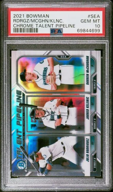 2021 Bowman Chrome Darren Mccaughan/Jarred Kelenic/Julio Rodriguez Talent Pipeline #TP-SEA card image