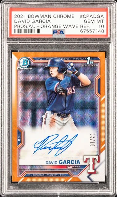 2021 Bowman Chrome David Garcia Prospect Autographs Orange Wave Refractor #CPADGA card image