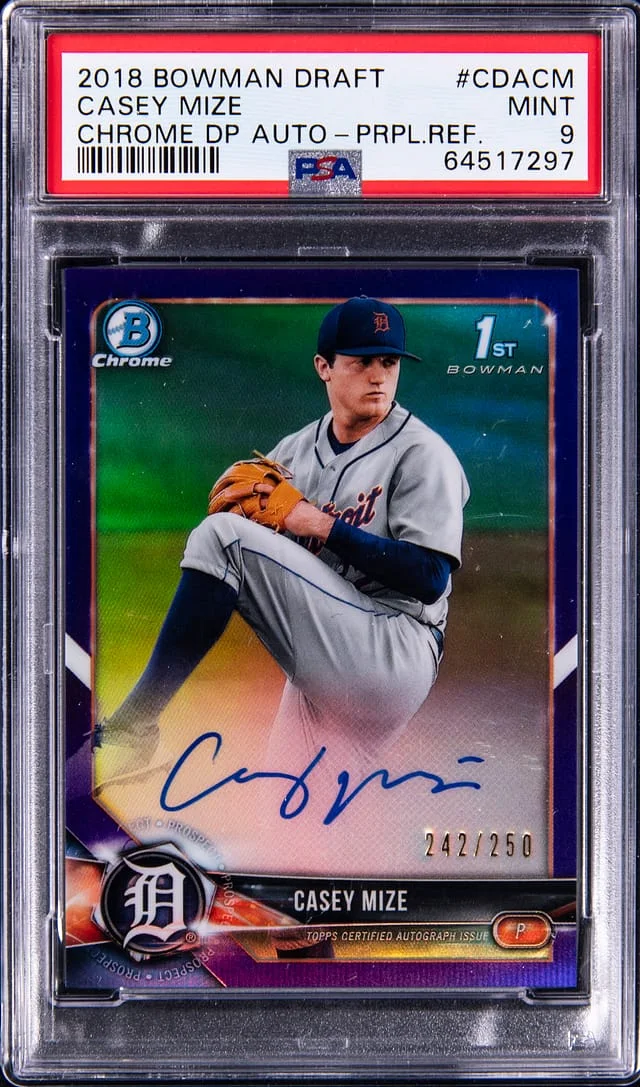 2021 Bowman Chrome Draft Casey Mize Picks Autograph Purple Refractor #CDACM card image
