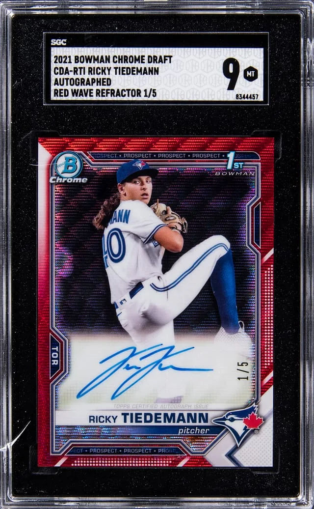 2021 Bowman Chrome Draft Ricky Tiedemann Autographs Red Wave Refractor #CDA-RTI card image