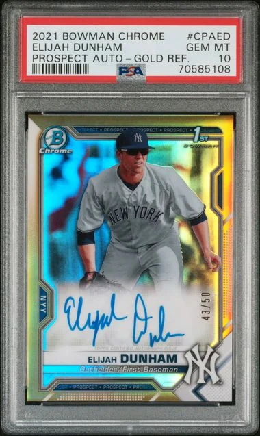 2021 Bowman Chrome Elijah Dunham Prospect Autographs Gold Refractor #CPAED card image