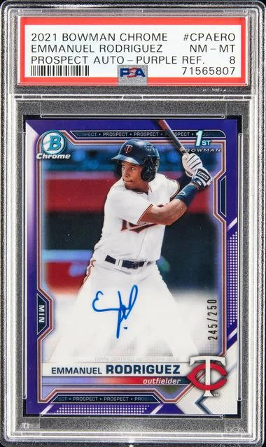 2021 Bowman Chrome Emmanuel Rodriguez Prospect Autographs Purple Refractor #CPA-ERO card image