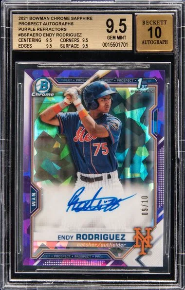 2021 Bowman Chrome Endy Rodriguez Prospects Autographs Purple Refractors #BSPAERO card image