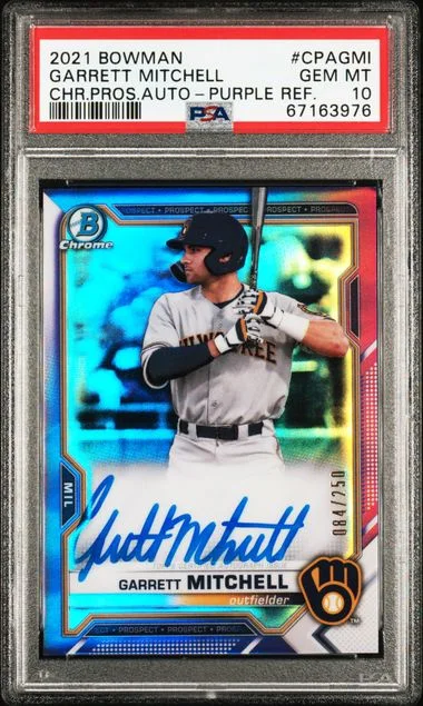 2021 Bowman Chrome Garrett Mitchell Prospect Autographs Purple Refractor #CPAGMI card image