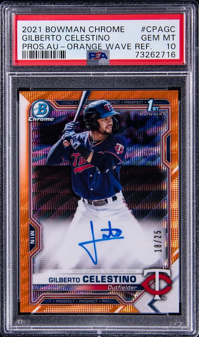 2021 Bowman Chrome Gilberto Celestino Prospect Autograph Orange Wave Refractor #CPAGC card image