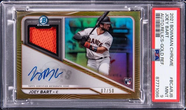 2021 Bowman Chrome Joey Bart Autograph Relic Gold Refractor #BCARJB card image