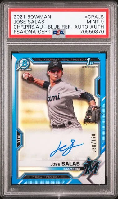 2021 Bowman Chrome Jose Salas Prospect Autographs Blue Refractor #CPA-JS card image