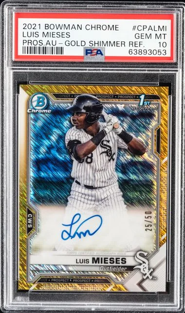 2021 Bowman Chrome Luis Mieses Prospect Autographs Gold Shimmer Refractor #CPALMI card image