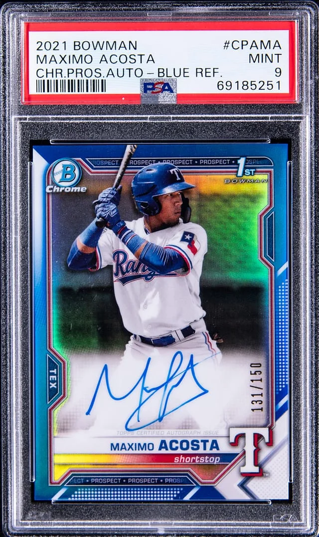 2021 Bowman Chrome Maximo Acosta Prospect Autograph Blue Refractor #CPAMA card image