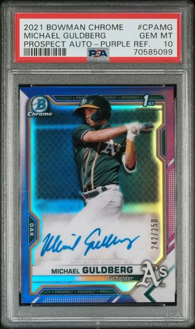 2021 Bowman Chrome Michael Guldberg Prospect Autographs Purple Refractor #CPA-MG card image