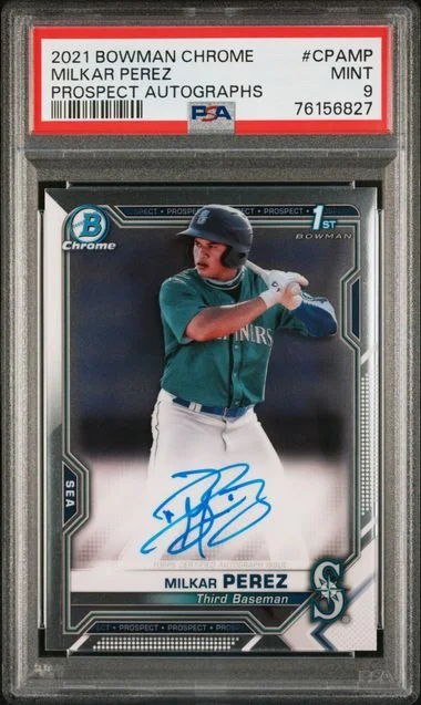 2021 Bowman Chrome Milkar Perez Prospect Autographs Gold Shimmer Refractor #CPAMP card image