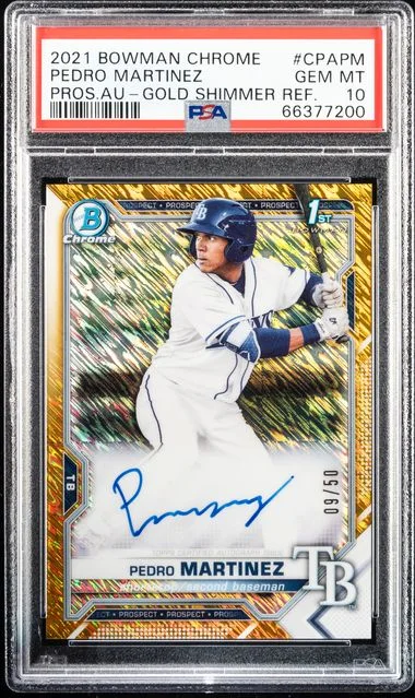 2021 Bowman Chrome Pedro Martinez Prospect Autographs Gold Shimmer Refractor #CPAPM card image