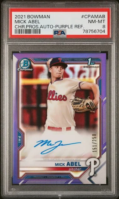 2021 Bowman Chrome Prospect Autographs Purple Refractor Cpamab Mick Abel #no-number card image