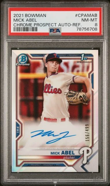 2021 Bowman Chrome Prospect Autographs Refractor Cpamab Mick Abel #no-number card image