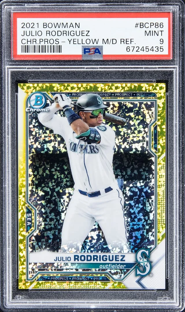 2021 Bowman Chrome Prospects Julio Rodriguez Yellow Mini Diamond Refractor #BCP86 card image