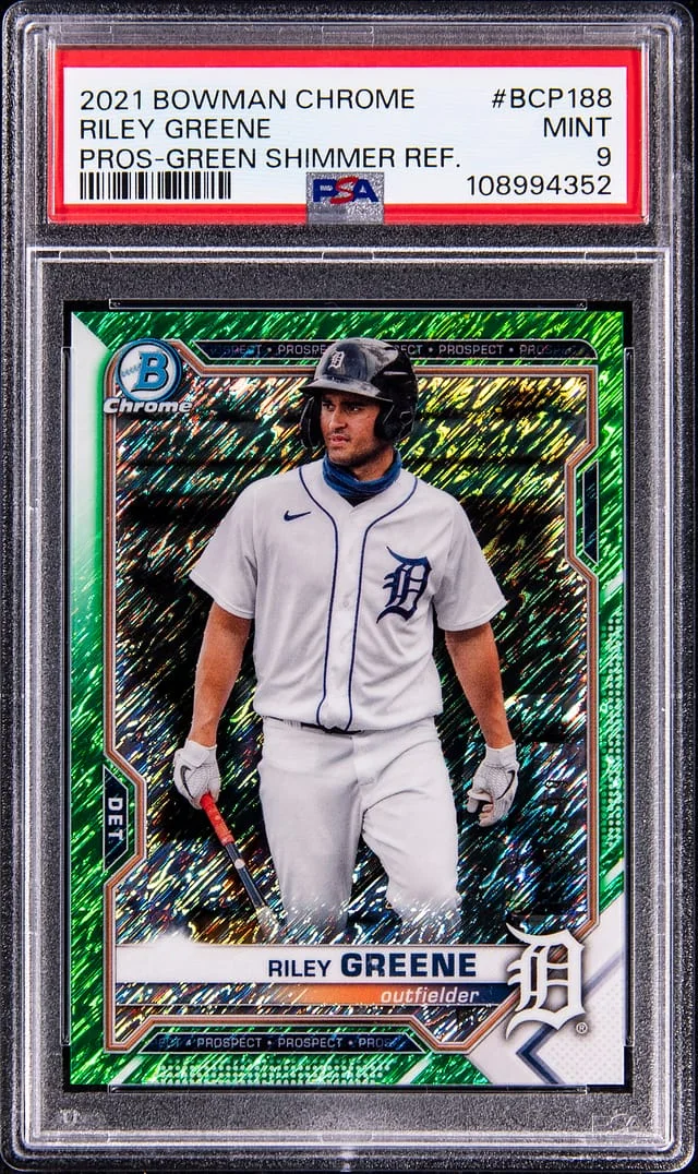 2021 Bowman Chrome Prospects Riley Greene Green Shimmer Refractor #BCP-188 card image