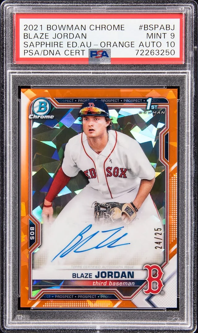 2021 Bowman Chrome Sapphire Blaze Jordan Prospect Autograph Green Refractor #BSPA-BJ card image