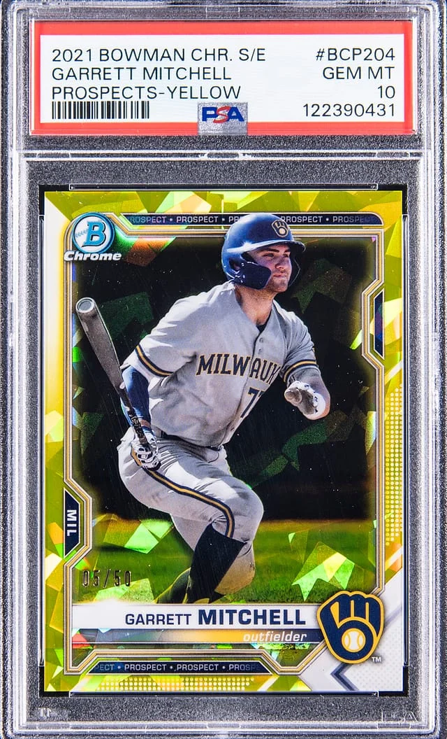 2021 Bowman Chrome Sapphire Garrett Mitchell Prospects Yellow #BCP-204 card image