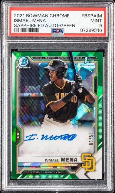 2021 Bowman Chrome Sapphire Ismael Mena Edition Autographs Green #BSPA-IM card image