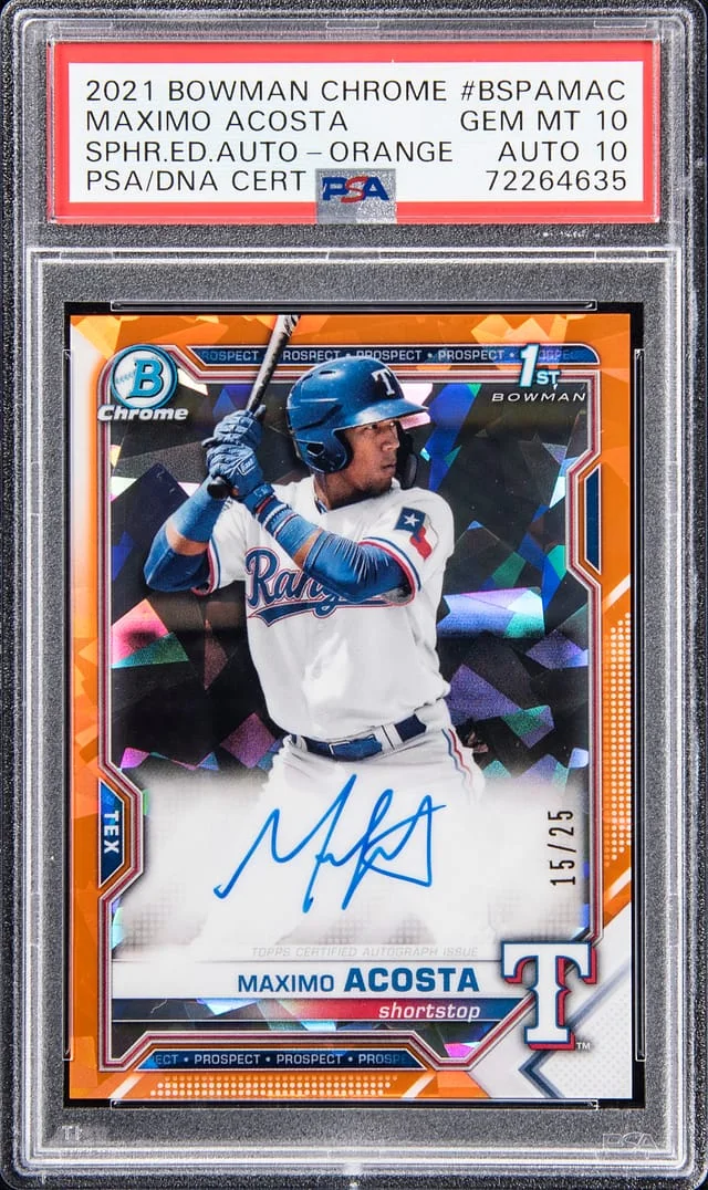 2021 Bowman Chrome Sapphire Maximo Acosta Edition Autograph Orange #BSPA-MAC card image