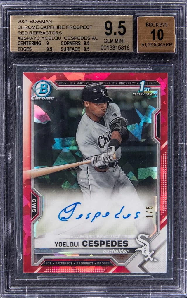 2021 Bowman Chrome Sapphire Yoelqui Cespedes Prospect Autographs Red Refractor #BSPA-YC card image
