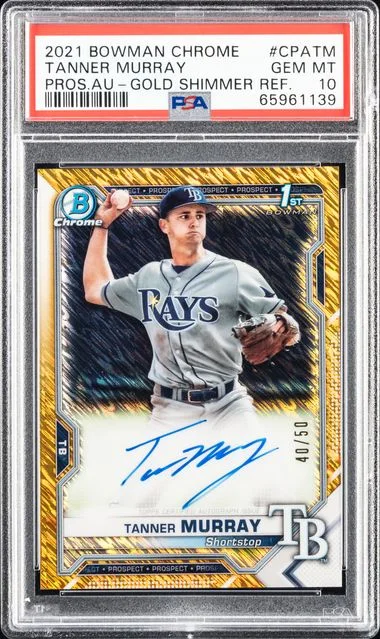 2021 Bowman Chrome Tanner Murray Prospect Autographs Gold Shimmer Refractor #CPATM card image