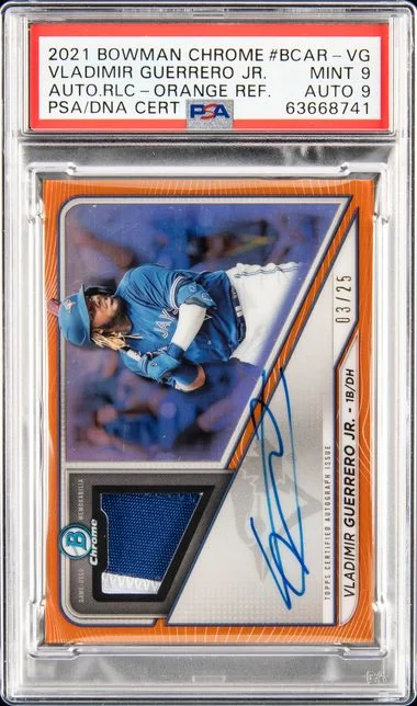 2021 Bowman Chrome Vladimir Guerrero Jr. Autograph Relics Orange Refractor #BCAR-VG card image