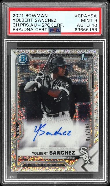 2021 Bowman Chrome Yolbert Sanchez Prospect Autographs Speckle Refractor #CPA-YSA card image