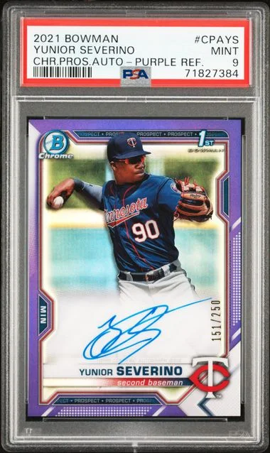 2021 Bowman Chrome Yunior Severino Prospect Autographs Purple Refractor #CPA-YS card image