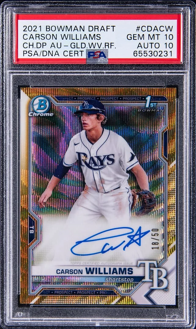 2021 Bowman Draft Carson Williams Chrome Draft Pick Autographs Gold Wave Refractor #CDA-CW card image