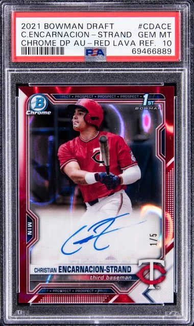 2021 Bowman Draft Christian Encarnacion-Strand Chrome Draft Pick Autographs Red Lava Refractor #CDA-CE card image
