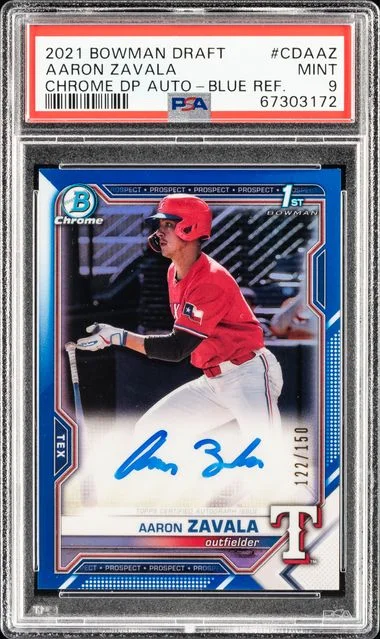2021 Bowman Draft Chrome Draft Pick Autographs Blue Refractor Cdaaz Aaron Zavala #no-number card image