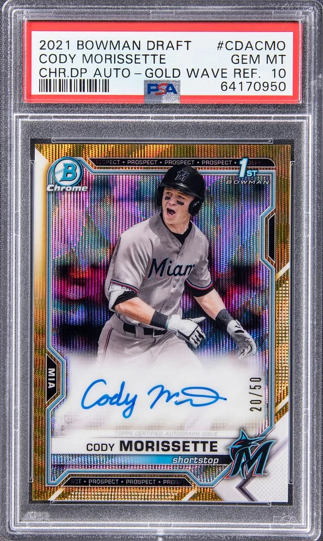 2021 Bowman Draft Cody Morissette Chrome Draft Picks Autograph Gold Wave Refractor #CDA-CMG card image