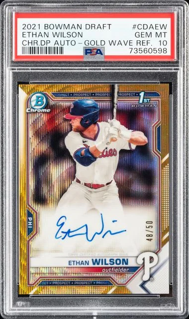 2021 Bowman Draft Ethan Wilson Chrome Draft Pick Autographs Gold Wave Refractor #CDAEW card image