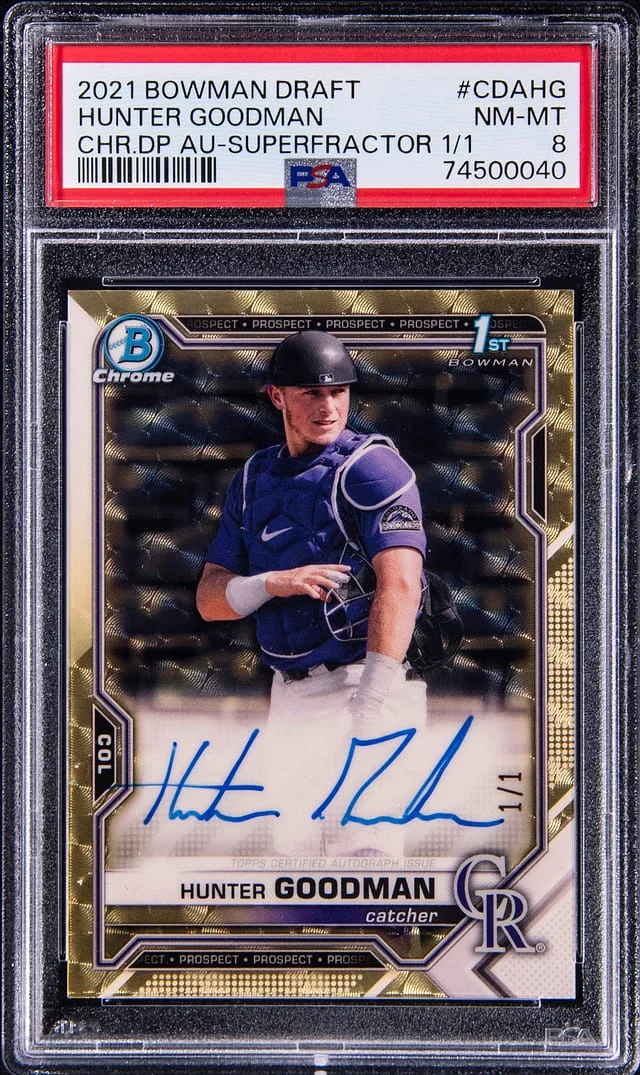 2021 Bowman Draft Hunter Goodman Chrome Draft Pick Autographs Gold Wave Refractor #CDA-HG card image