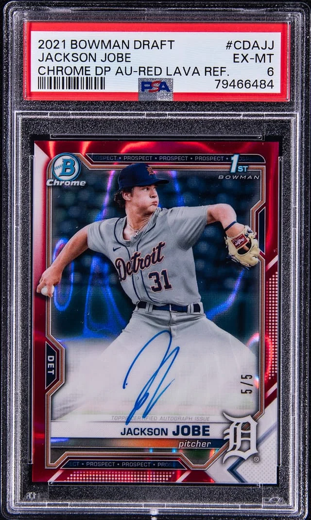 2021 Bowman Draft Jackson Jobe Chrome Draft Pick Autographs Red Lava Refractor #CDA-JJ card image